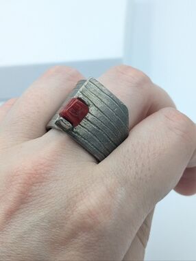 Signed modernist pewter and red glass cube ring